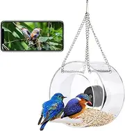 JulyCrab Clear Window Bird Feeder with Wifi Camera Suction Cup, Smart Transparent Round Birdfeeder with 16GB TF Card Photo Taking Video Recording IR Night Vision, Outside Birdhouse for Close Up View Outdoors