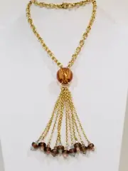 Vintage 1980s-90s Gold Lucite Bead Tassel Necklace 22”