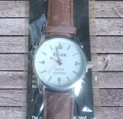 EIGER MENS WRIST WATCH BROWN BAND WHITE FACE SILVER ACCENT SPEED EDITION OM24-12
