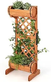 Giantex Raised Garden Bed with 2 Cylindrical Planter Boxes & Trellis, Wooden Planter for Vine Climbing Plant Flower, 2-Tier Raised Planter, Indoor Outdoor Plant Container for Patio Balcony