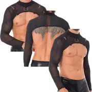 TiaoBug Men O-ring Mesh Crop Top Half See Through Muscle T-shirts Party Clubwear