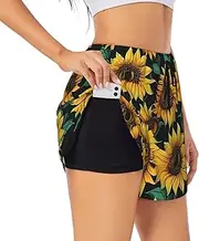 [WURTON] Sunflower Print Exercise Gym Workout Shorts Women's Athletic Shorts Dual-Layered Yoga Running Shorts