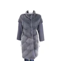 在飛比找Yahoo奇摩購物中心優惠-GRANDI furs 灰藍色針織拼接立領皮草大衣(70%W