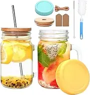 16 oz Mason Jar Cups with Handle,Mason Jar Cups with Lids and Straws,Set include glass straws, stainless steel straws, wooden lids, plastic lids,cup brush, straw brush,Hemp rope, tag 2pack