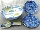 7pc Cynthia Rowley Tropical Fish Melamine Serving Salad Bowl Utensil Plates Set