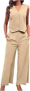 [WUANDIXFA] Blazers for Women Sleeveless Shirt and Straight Leg Pants Temperament Blazer Sets Elegant 2 Piece Outfits