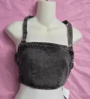 Forever 21 Crop Top Tank Charcoal Black Denim Woven Size S Strap Back / Backless