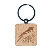 Baltimore Oriole Bird in Flowering Tree Engraved Wood Square Keychain Tag Charm