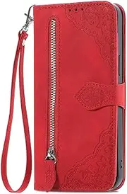 [BEENTRYS] Flip Wallet Case for Samsung Galaxy A23 4G / 5G Case,Leather Floral Flower Card Slots Holder Kickstand Zipper Pocket Magnetic Folio PU Shockproof Cover for Samsung Galaxy A23 4G / 5G-Red