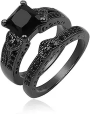 [outret] Black Cubic Zirconia Rings Set, Creative Gothic Bridal Engagement Couple Ring Set Wedding Band Fashion Jewelry for Women