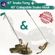 47" Snake Tongs Catcher+40" Collapsible Snake Hook Reptile Grabber Handling Tool