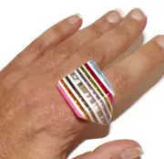 Sobral Candy Pop Fizz White & Bright Stripes Artist Made Ring Size 10.5