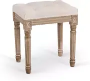 Ottoman Stool, 18.5 in High, Beige, with Padded Seat, Wood Frame, Button Tufted,