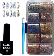 Warm Girl 8ML Nail Art Foil Glue Gel with 10PCS Starry Sky Star Foil Stickers Set Nail Transfer Tips Manicure Art