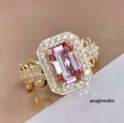 2.95CT Emerald Cut Real Pink Sapphire 14K Yellow Gold Over Wedding Jewelry Ring