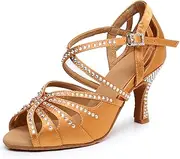 [SALUNA] Ballroom Dance Shoes For Women – Salsa Latin Dancing Shoes, Professional 3 Inch Ladies Satin Rhinestone Dance Heels, 3＂Mid Heel Suede Sole