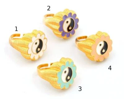 Ying Yang Opposites Enamel Colorful Ring Adjustable Gold Plated Brass 6-8us 4759