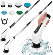 Electric Cleaning Brush Cordless with 7 Interchangeable Brush Heads FARI Bathtub and Tile Electric Scrubbing Mop with Adjustable Handle for Bathroom Kitchen (White)