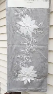 Cynthia Rowley Christmas Table Runner Floral Poinsettia Beaded Grey Herringbone