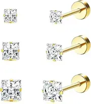 [Purbeaut] Surgical Steel Studs Earrings for Women Men,Hypoallergenic Silver 14K Gold Plated Stainless Steel Square/Heart/Five-Point Star Shape Cubic Zirconia Studs Earrings for Sensitive Ears Cartilage Helix Piercing