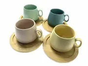 Set Of 4 Espresso Cups With Bamboo Coasters Lovey Trendy Assorted Colors 90ml