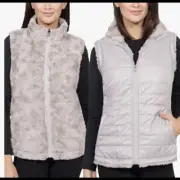 Nicole Miller Reversible Plush Faux Fur Vest Zip Up Cream Gray Meduim New