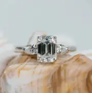 3 Ct Emerald Cut Moissanite Three Stone Engagement Ring For Women 14K White Gold