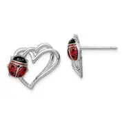 Sterling Silver Rhodium-Plated Heart With Enameled Ladybug Post Earrings