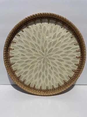 Rattan w/Inlay Round Serving Tray Decorative Basket Decor