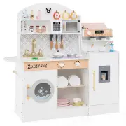 CostwayWooden Kitchen Playset with Clock and Microwave-White