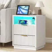 White RGB LED Bedside Table with USB Charging Station for Bedroom Living Room Office