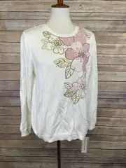 Alfred Dunner Small NWT Sweater Embroidered Floral Lace Detail Long Sleeve Cream
