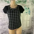 Worthington NEW Blouse Top Women's SZ Petite Medium Stretchy Black Plaid Jeweled