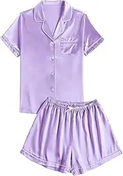 [LYANER] Women's Satin Pajamas Sets Short Sleeve Button Shirt Silky Sleepwear With Shorts PJs