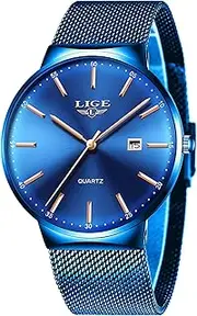 [LIGE] Men's Fashion with Blue Leather Quartz Watch Strap Chronograph Waterproof Auto Date Analog Full Blue Men Wrist Watches