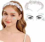 [TOEECY] Two-Piece Suit Headband Women's Rhinestones Self-Adhesive Face Shell Shape Design Flower Beads Fashion Accessories for Weddings Travel