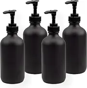 Black Coated 8-Ounce Glass Pump Bottles (4-Pack), Black Plastic Pump Nozzles Included; Great for Lotions, Liquid Soap & Hand Sanitizer