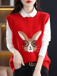 在飛比找Yahoo!奇摩拍賣優惠-23新款紅色兔子提花圓領無袖羊毛衫女眼鏡兔純羊毛馬甲寬松坎肩