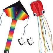Listenman 2 Pack Kites - Large Rainbow Delta Kite and Red Mollusc Octopus with Long Colorful Tail for Children Outdoor GameActivitiesBeach Trip Great Gift to Kids Childhood Precious Memories