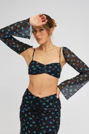 Black Ditsy Top Long Sleeve Sweetheart Crop Bralette Mesh - Size 16, Women's Top