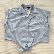 Banana Republic Top Womens XXL Blue Button Up Tie Front Minimal Neutral Preppy
