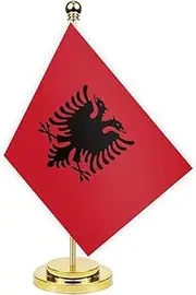 Albania Desk Flag,12 inch Tall Small Albanians Indoor Banner,Tiny Printing Decor For Office Home Table Meeting With Golden Metal Pole Base