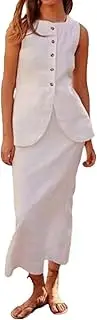 [HGps8w] Women's Cotton Linen 2 Piece Outfits Elegant Sleeveless Blazer Vest & Midi Pencil Skirt Business Work Dress Sets