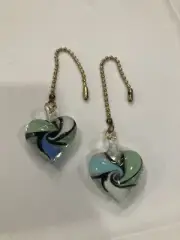 AQUA GREEN WHITE SWIRL GLASS HEART HEARTS CEILING FAN LIGHT SWITCH PULLS LG PAIR