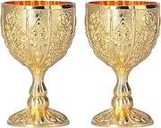 Lwuey European High Grade Golden Goblet Retro, Vintage Chalice Goblets Royal Wine Cups Embossed Shot Glasses Metal Medieval Engraving Liqueur Cup for Bar Party Wedding Decoration 2PCS(Gold)