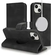 Cavor for iPhone 15 Case Leather Wallet Folio Flip Cover Support Magsafe Charging with Kickstand and Photo Holder Card Slots Protective Shockproof Phone Cases-Matte Style Black
