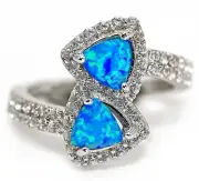 Natural Blue Fire Opal & White Topaz 925 Sterling Silver Ring Jewelry Sz 9