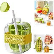 Ice Cube Bottle, 2 in 1 Touch-Free Ice Cube Tray Water Bottle with Lid and Bin, Ice Cube Making Bottle, Easy Press to Release Vertical Ice Cube Tray with Lid for Freezer