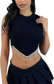 [ODIZLI] Women's Sexy Y2K Summer Sleeveless Glitter Rhinestone Fringe Crop Ribbed Tank Crop Tops