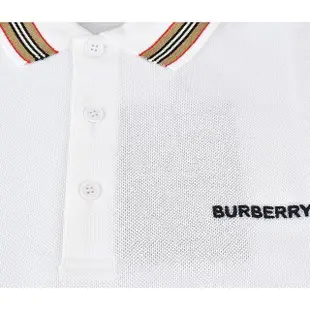 【BURBERRY 巴寶莉】BURBERRY黑色刺繡LOGO條紋設計純棉短袖POLO衫(S/M/L/白)